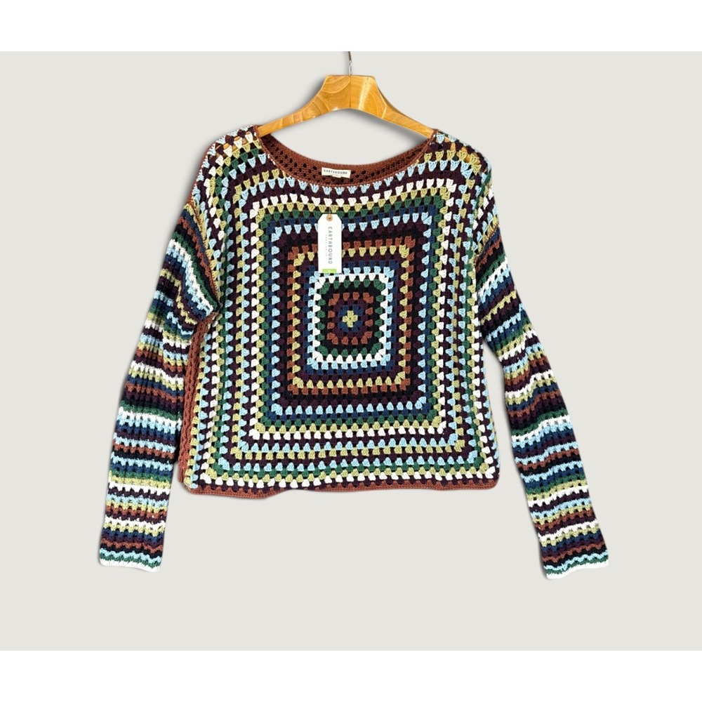 Earthbound Trading Trendy Crochet Sweater Womens XL Multi Granny Square Fall NWT